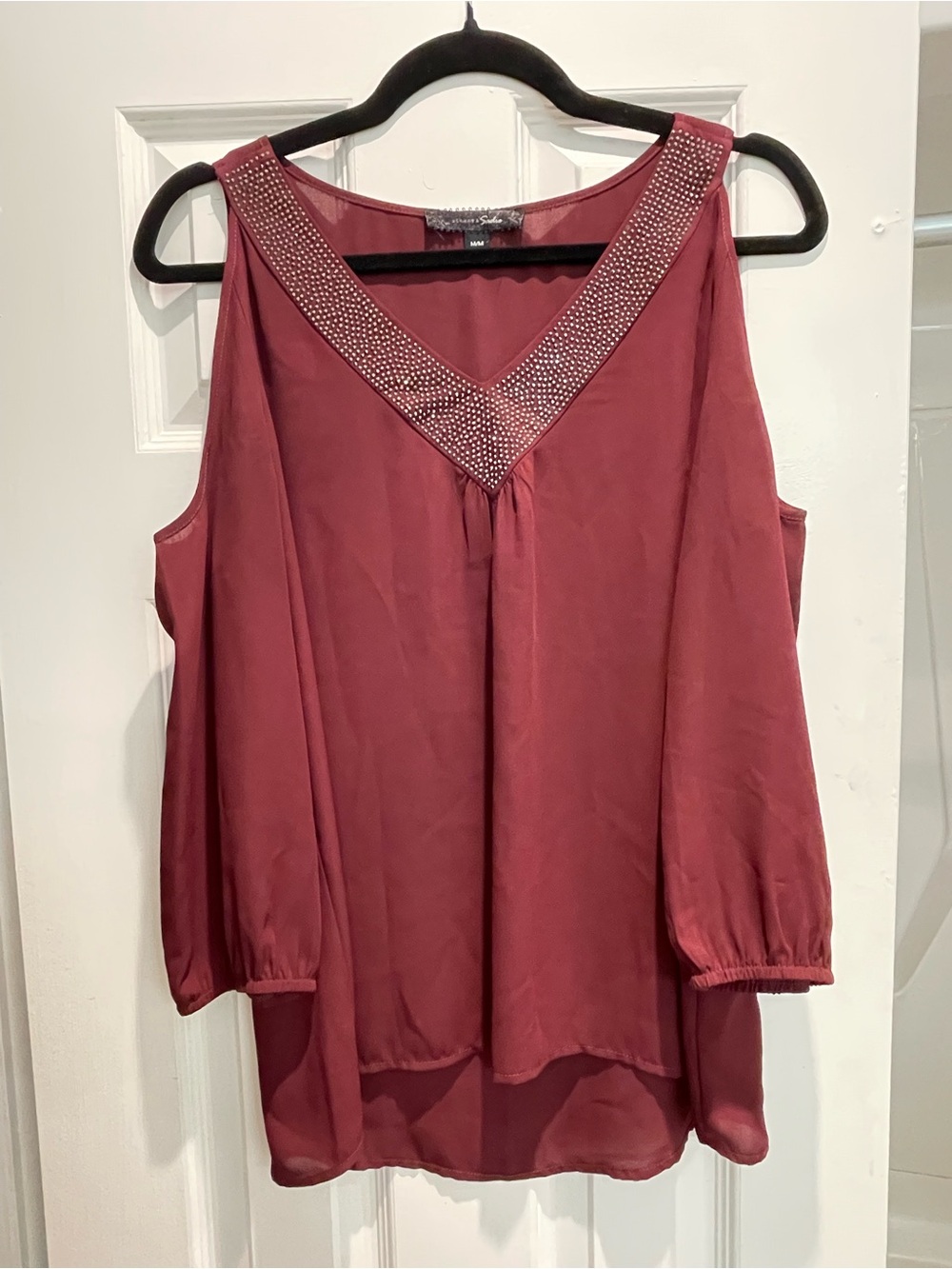 Sloane & Sadie Beaded V-Neck Cold-Shoulder Blouse in Burgundy